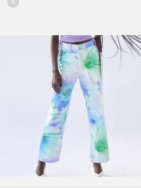 BDG Tie-Dye Floral Wide Leg Jeans - Pastel Blue & Green